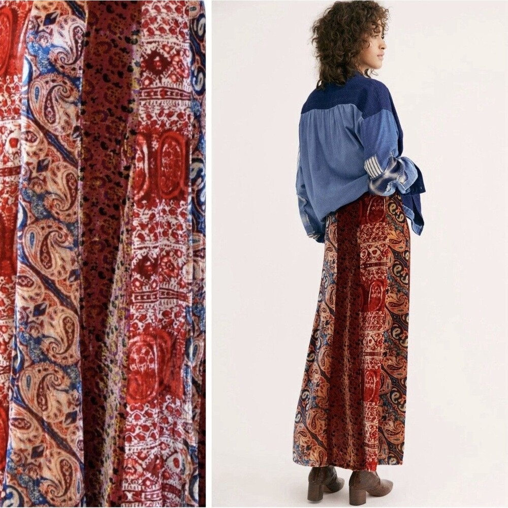 Free People High Atlas Panel Multicolored Velvet Retro Y2K Maxi Skirt Size 4